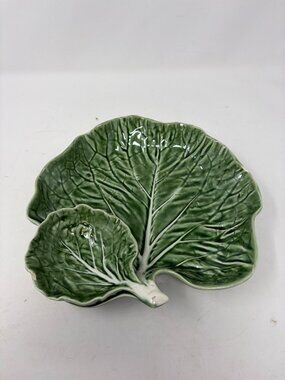 Bordallo Pinheiro cabbage leaf dish chips and dip Portugal green majolica